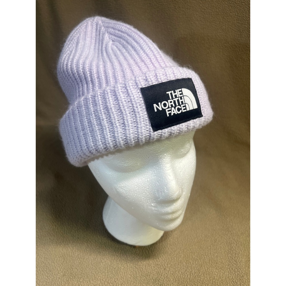 The North Face Kids Beanie Hat Lavender Purple Ribbed Knit Cuffed Logo One Size